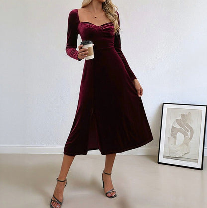 Velvet Long Sleeve Sweetheart Slit Midi Dress