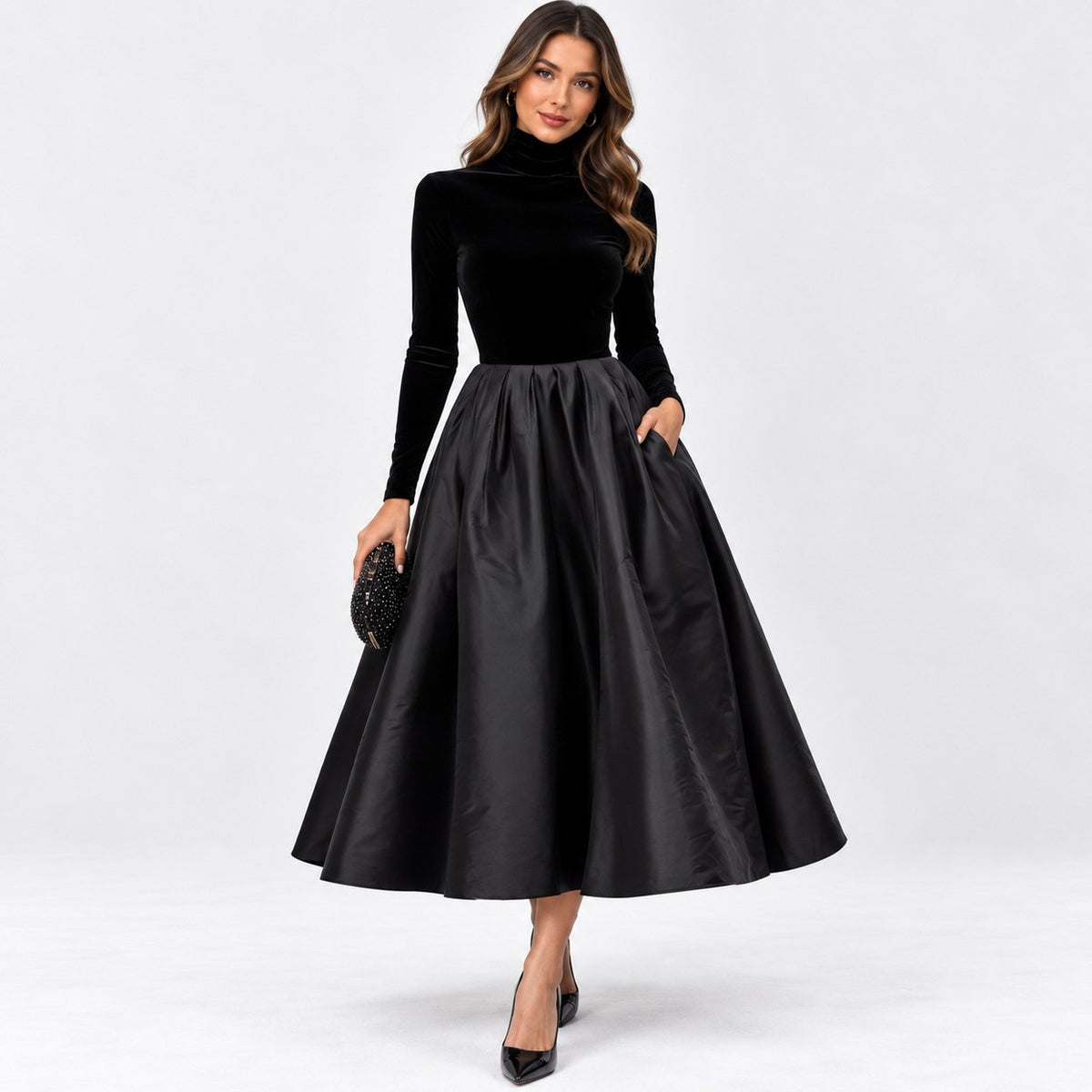 Velvet Turtleneck Long Sleeve Pleated A-Line Midi Dress
