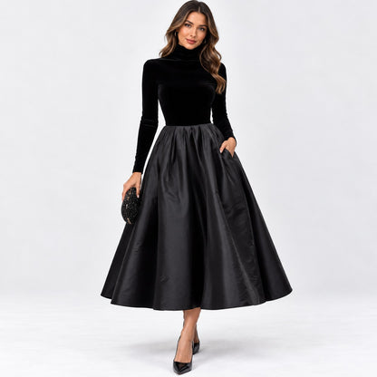 Velvet Turtleneck Long Sleeve Pleated A-Line Midi Dress