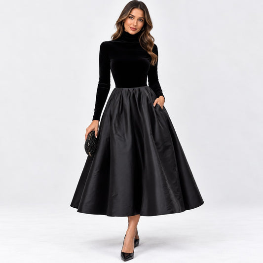 Velvet Turtleneck Long Sleeve Pleated A-Line Midi Dress