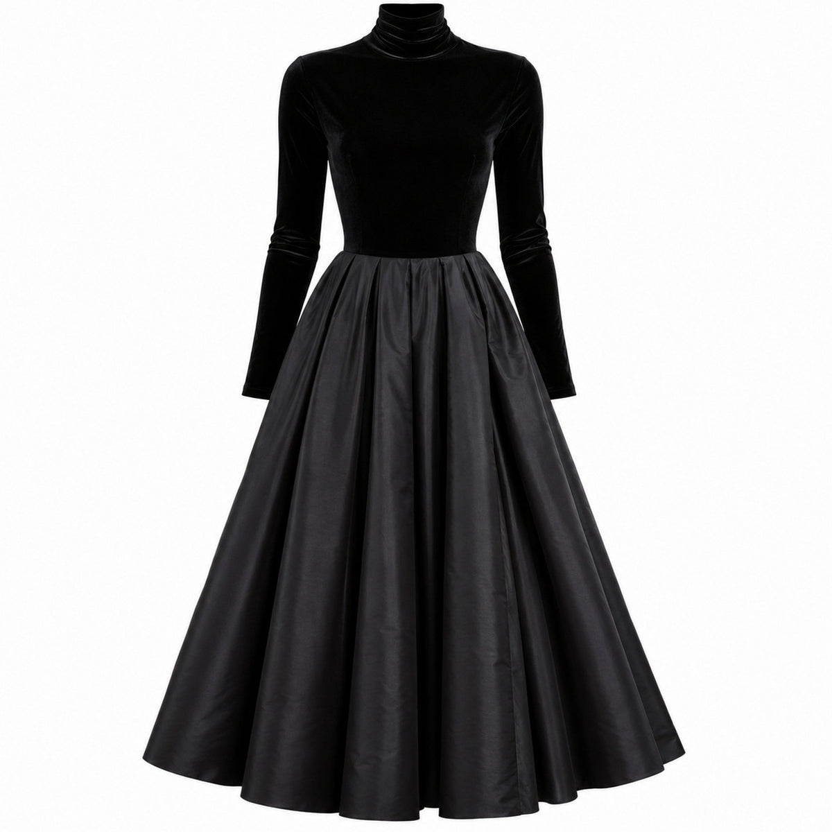 Velvet Turtleneck Long Sleeve Pleated A-Line Midi Dress