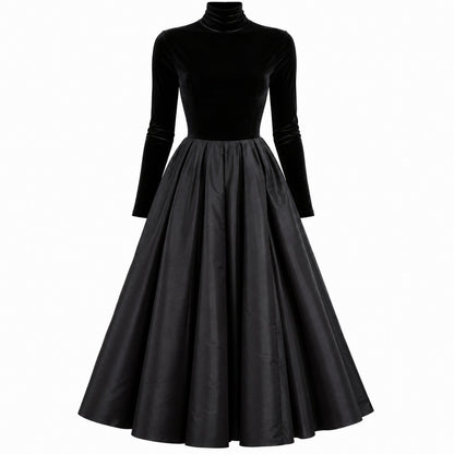 Velvet Turtleneck Long Sleeve Pleated A-Line Midi Dress