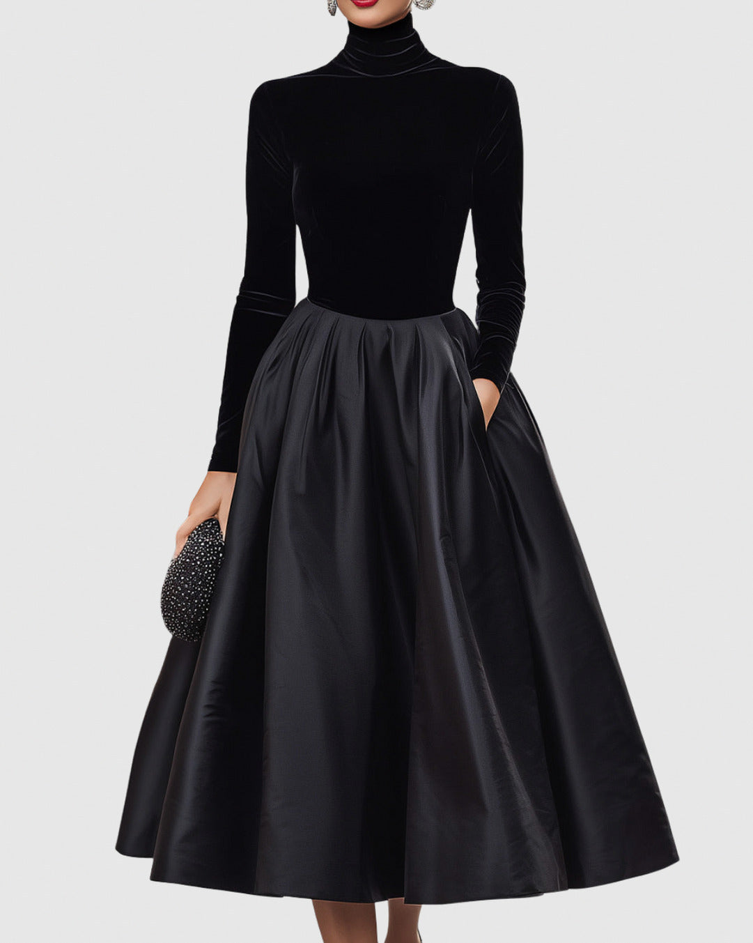Velvet Turtleneck Long Sleeve Pleated A-Line Midi Dress