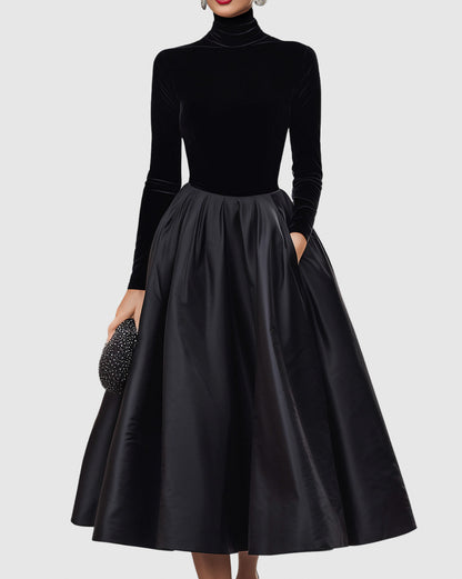 Velvet Turtleneck Long Sleeve Pleated A-Line Midi Dress