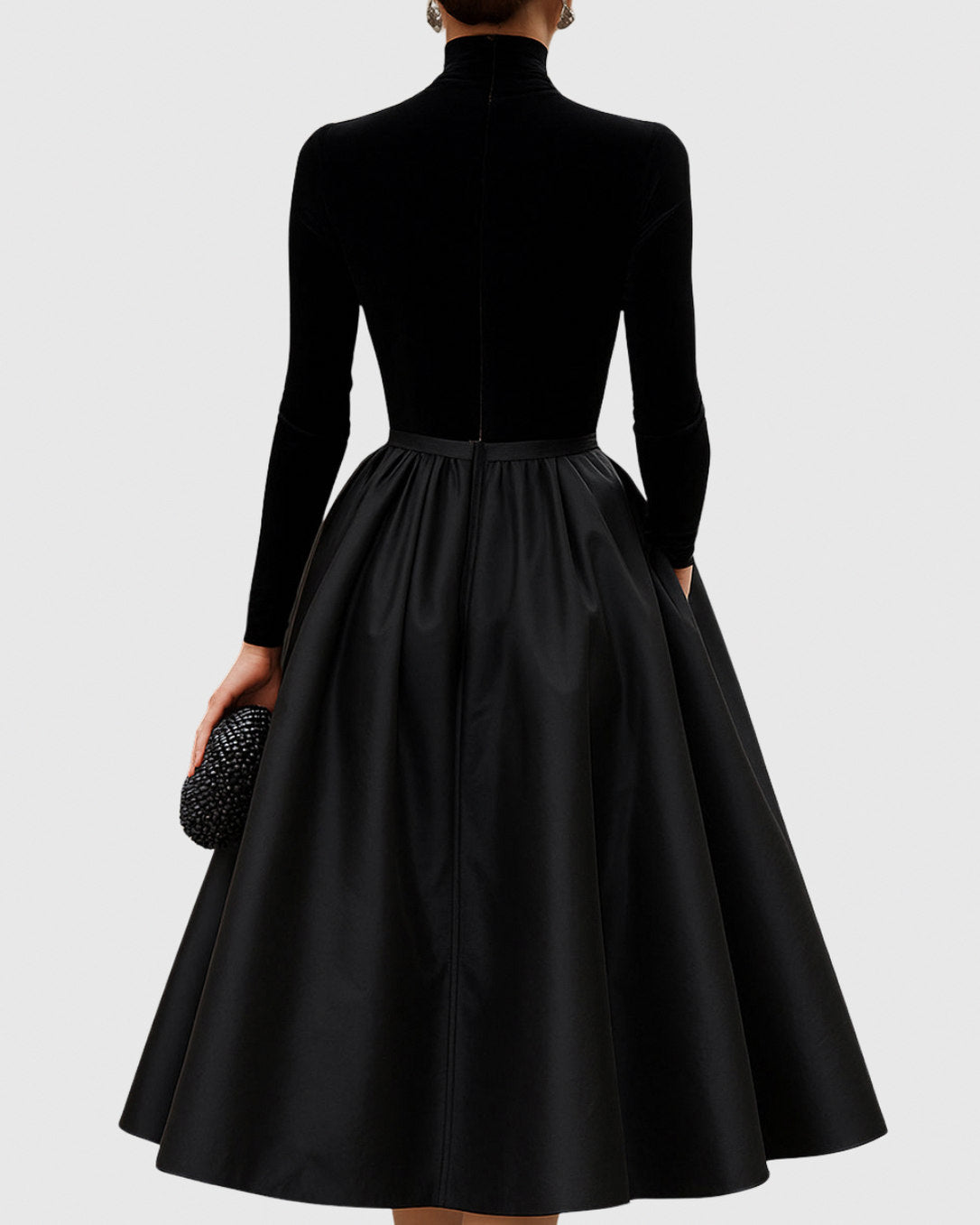 Velvet Turtleneck Long Sleeve Pleated A-Line Midi Dress