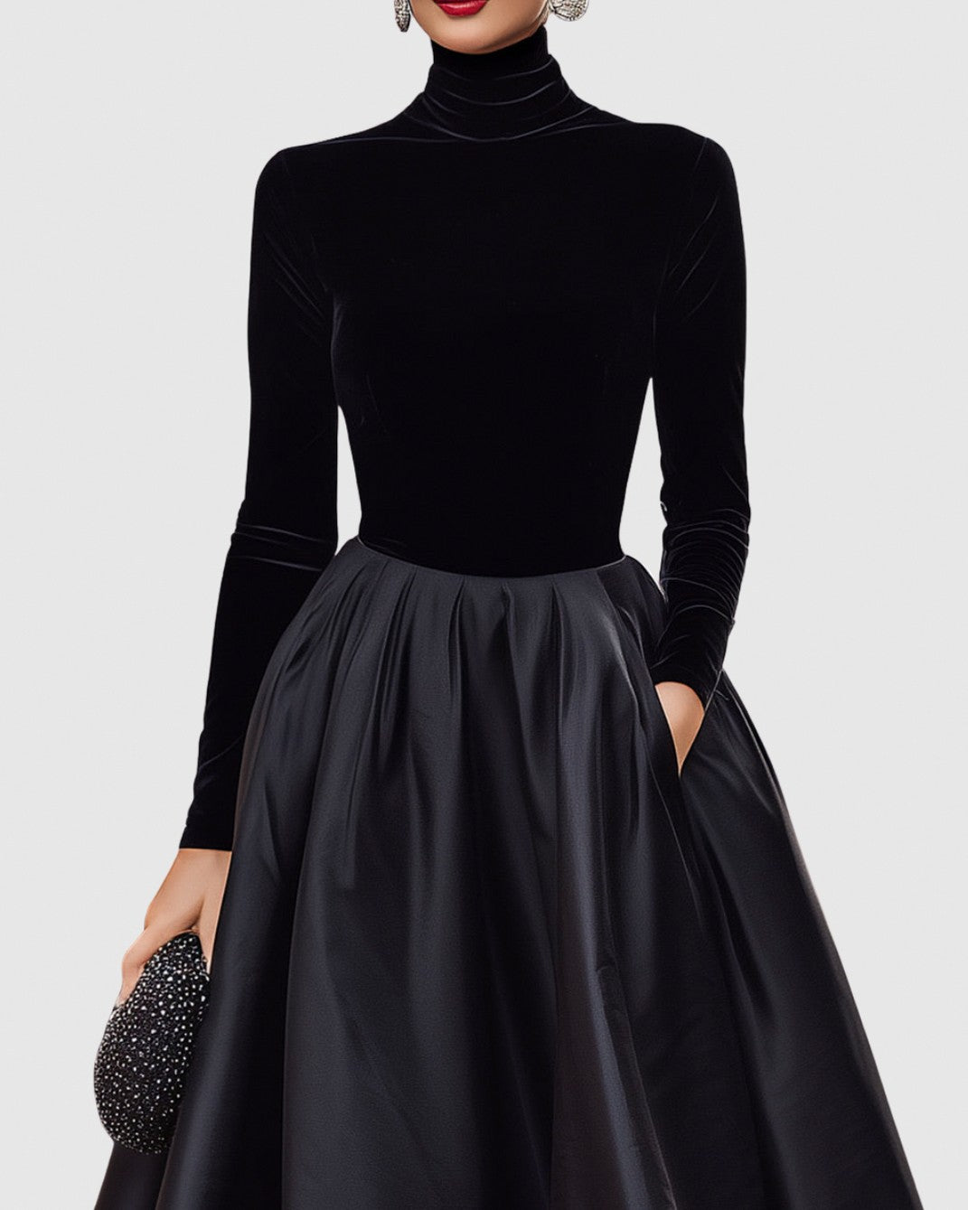Velvet Turtleneck Long Sleeve Pleated A-Line Midi Dress