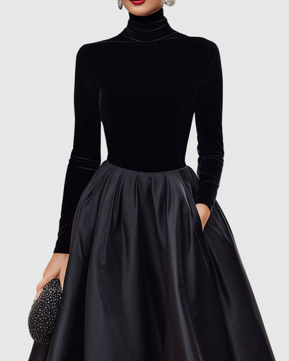Velvet Turtleneck Long Sleeve Pleated A-Line Midi Dress