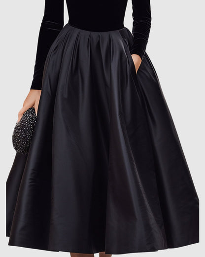 Velvet Turtleneck Long Sleeve Pleated A-Line Midi Dress