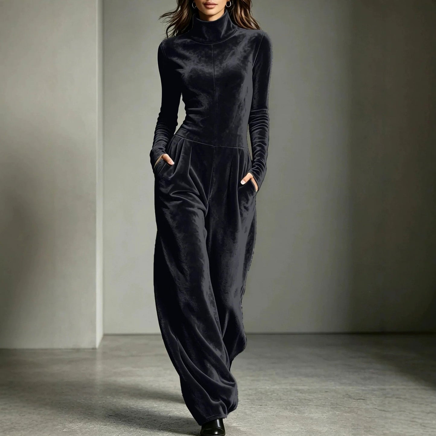 Velvet Turtleneck Wide Leg Jumpsuit