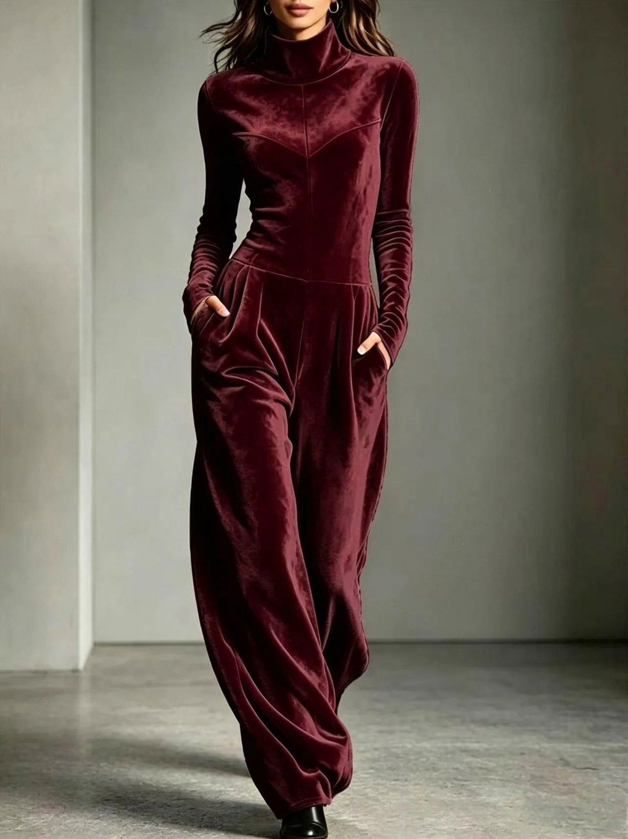 Velvet Turtleneck Wide Leg Jumpsuit