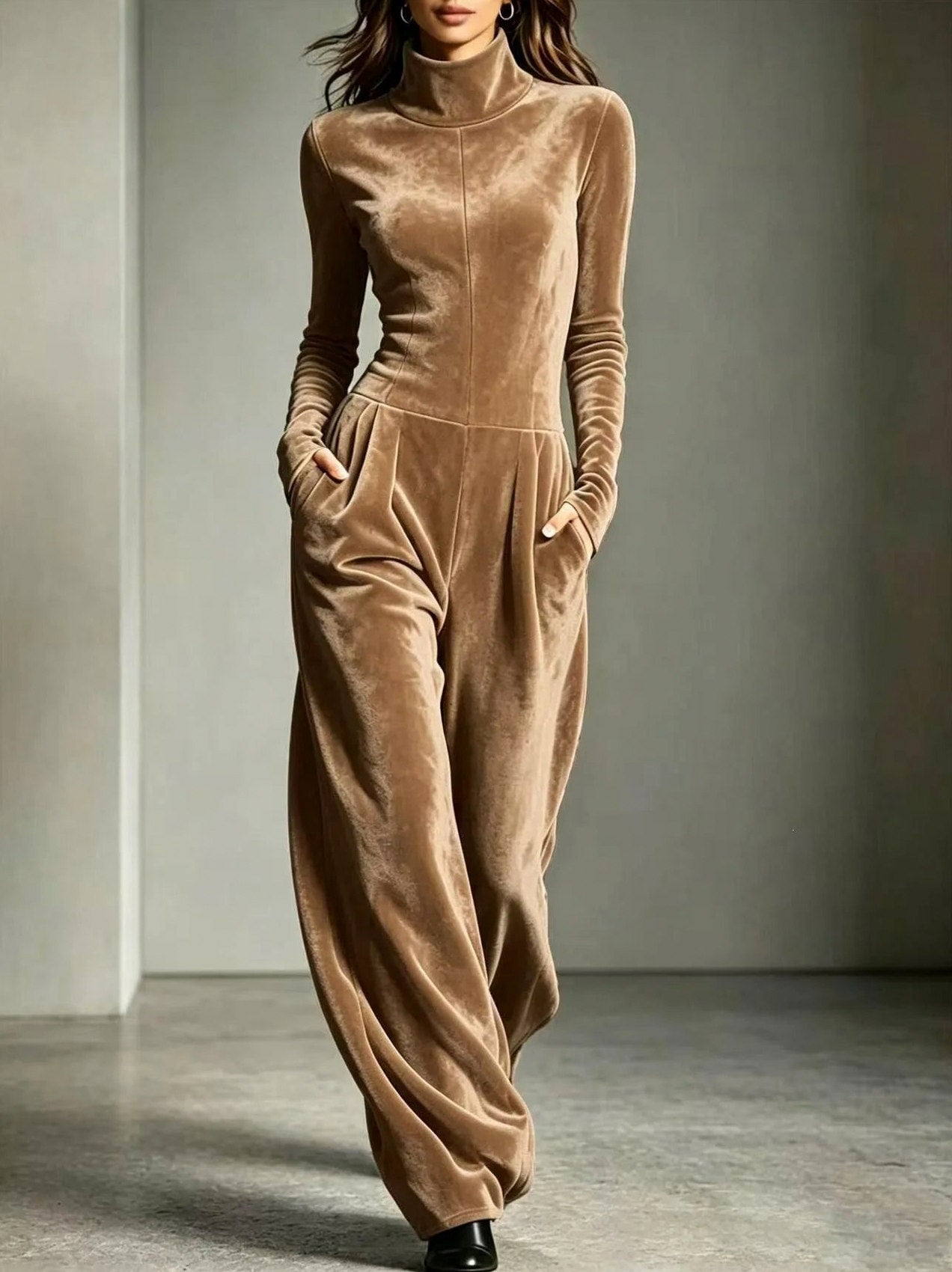 Velvet Turtleneck Wide Leg Jumpsuit