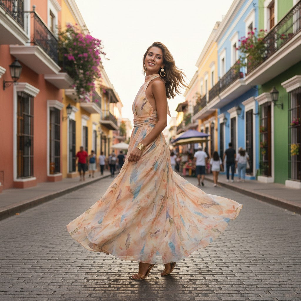 2XL - A woman wearing a sleeveless halter-neck maxi dress featuring an abstract watercolor print in peach, blue, and yellow pastel tones, styled with gold statement earrings in an outdoor courtyard setting.