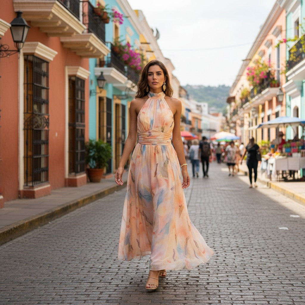2XL - A woman wearing a sleeveless halter-neck maxi dress featuring an abstract watercolor print in peach, blue, and yellow pastel tones, styled with gold statement earrings in an outdoor courtyard setting.