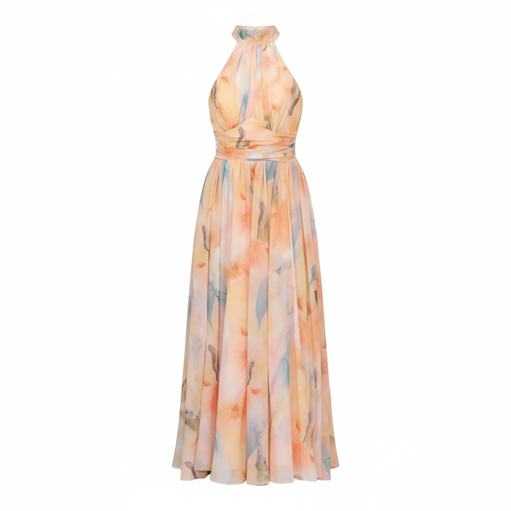 2XL - A woman wearing a sleeveless halter-neck maxi dress featuring an abstract watercolor print in peach, blue, and yellow pastel tones, styled with gold statement earrings in an outdoor courtyard setting.